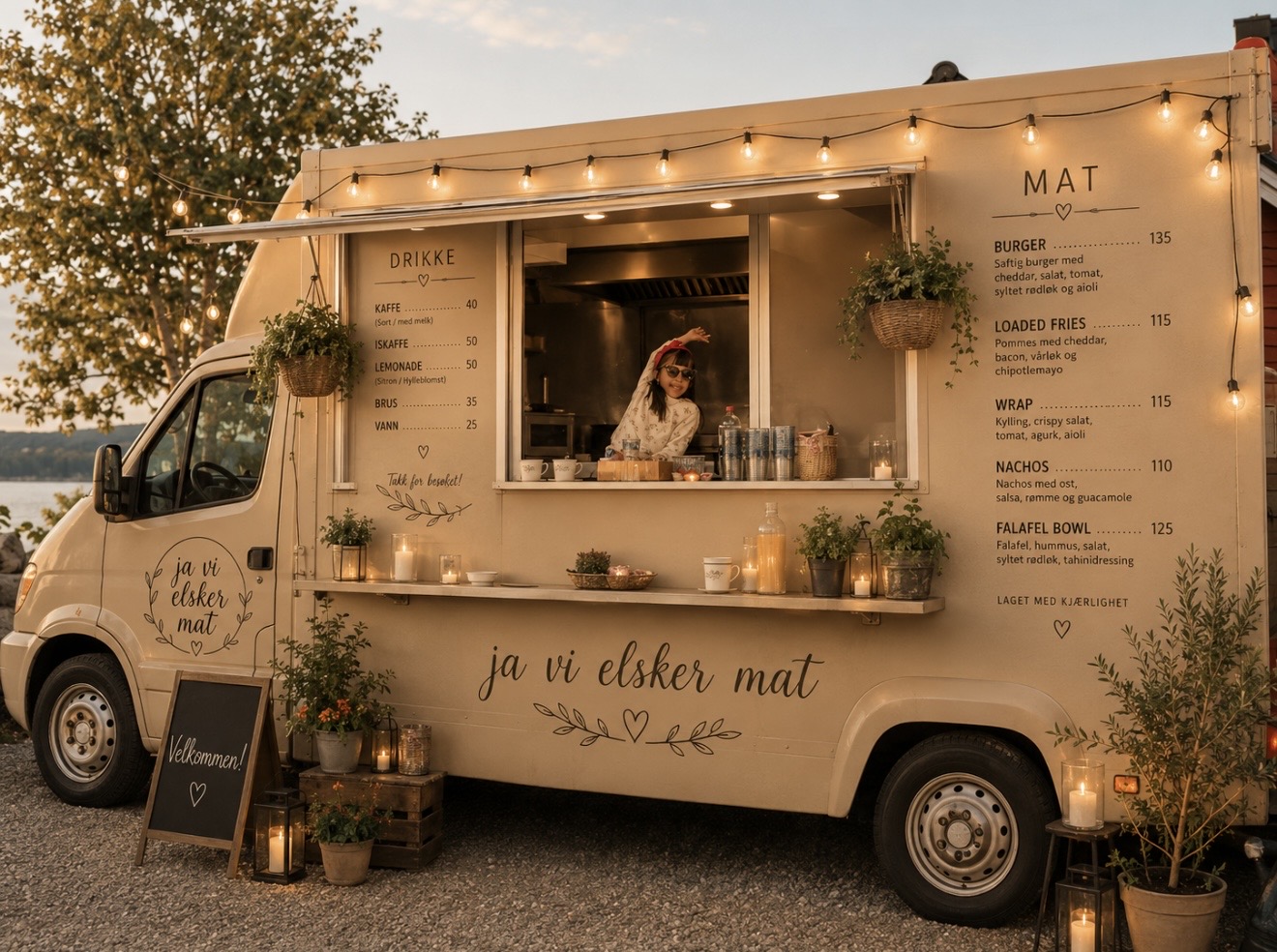 Food trucken ja vi elsker mat med menyen synlig, dekorert med lyslenker og levende lys i skumringen.